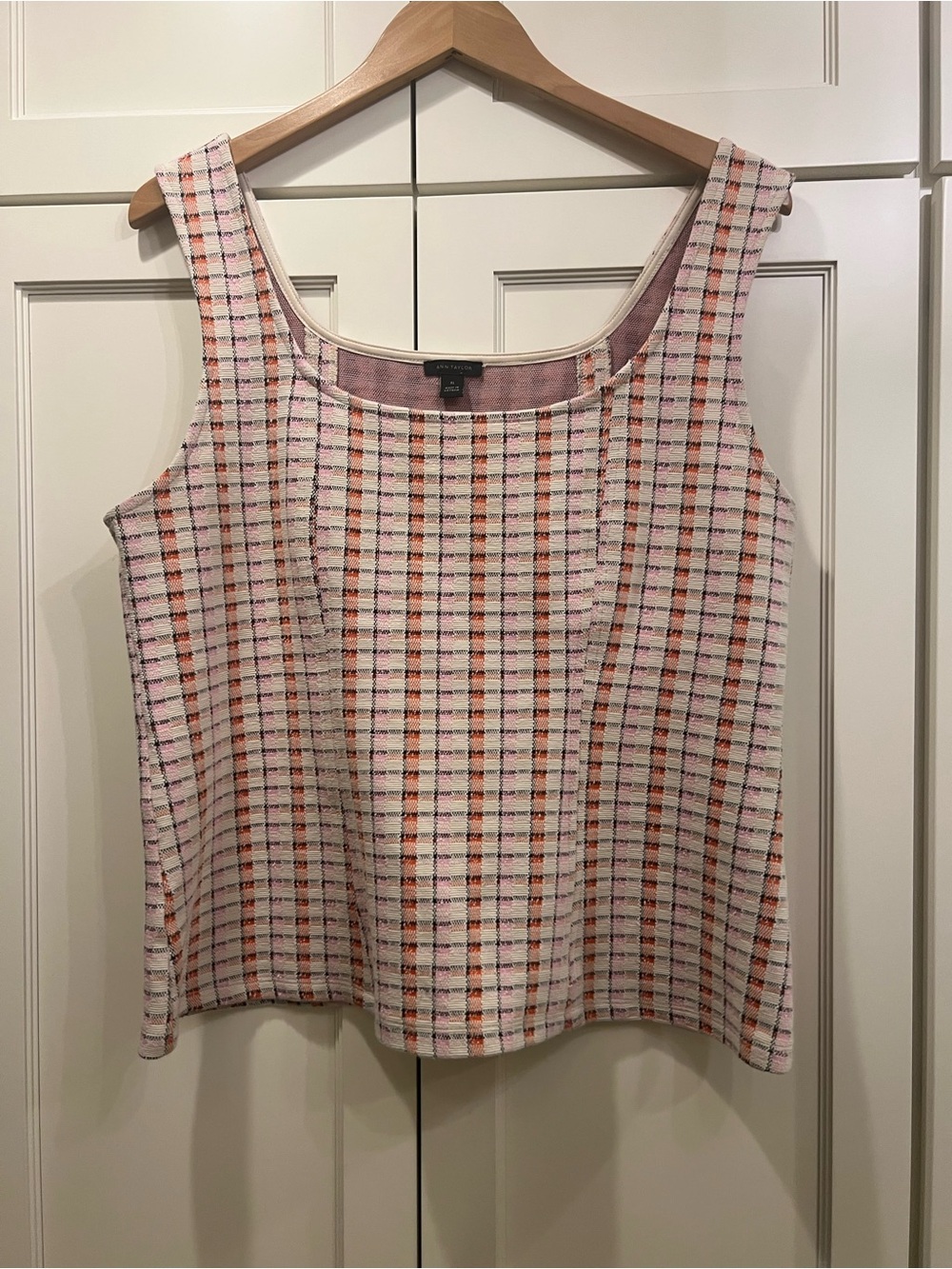 Ann Taylor Pink, Orange & White Checked Knit Shell